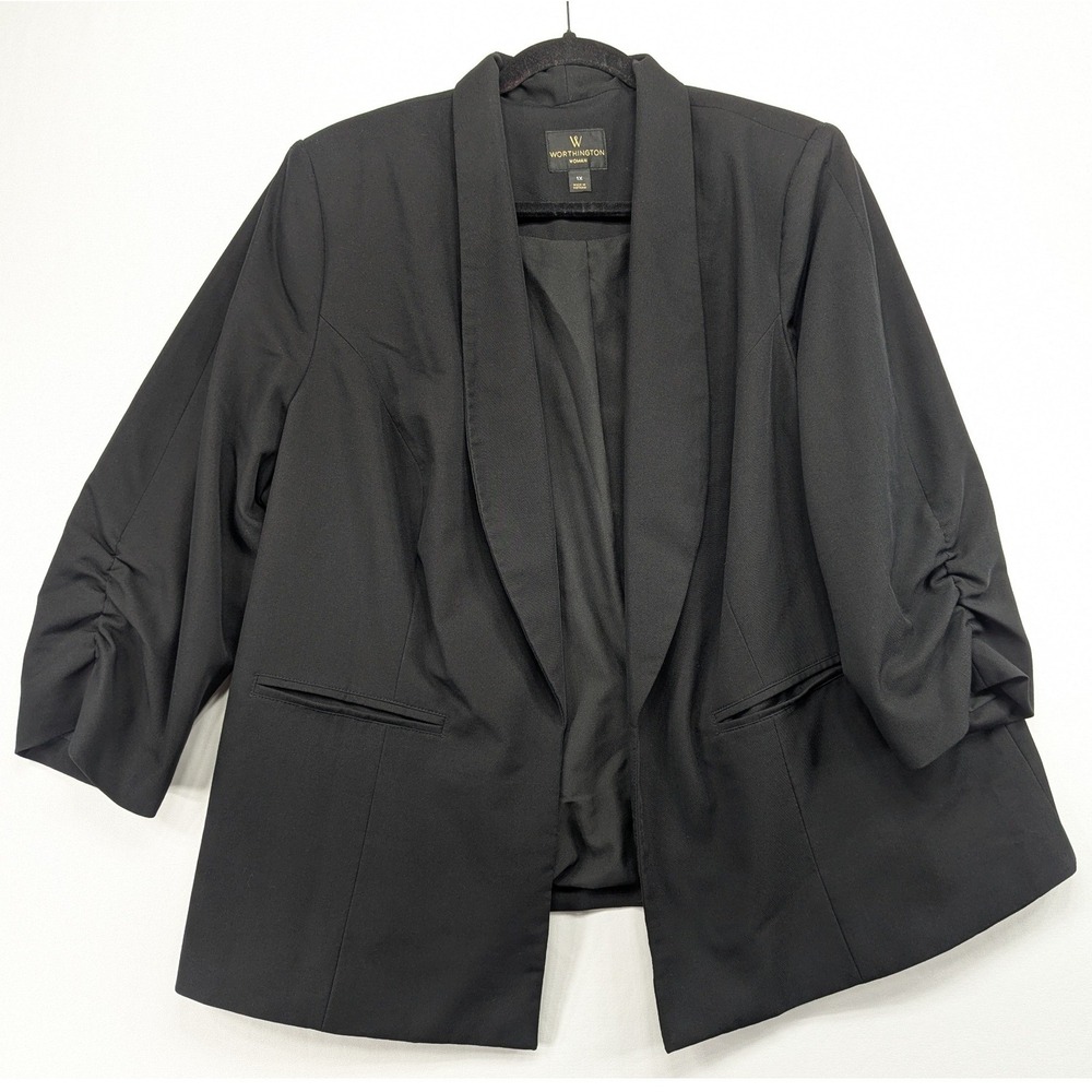 Worthington Woman Black Open Front Ruched 3/4 Sleeve Shawl Collar Blazer 1X